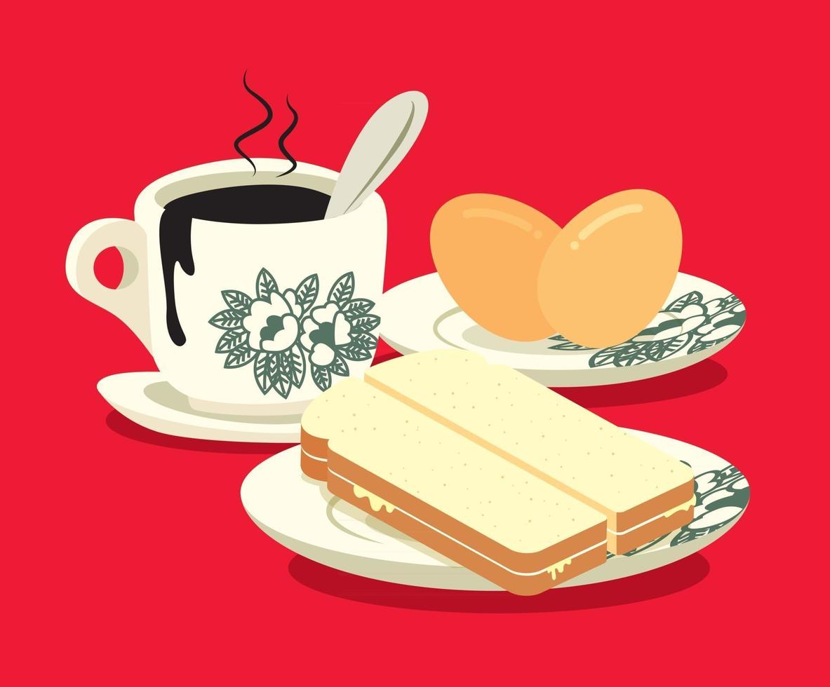 Traditional oriental style coffee with half boiled eggs and kaya butter toast set on red colour background vector