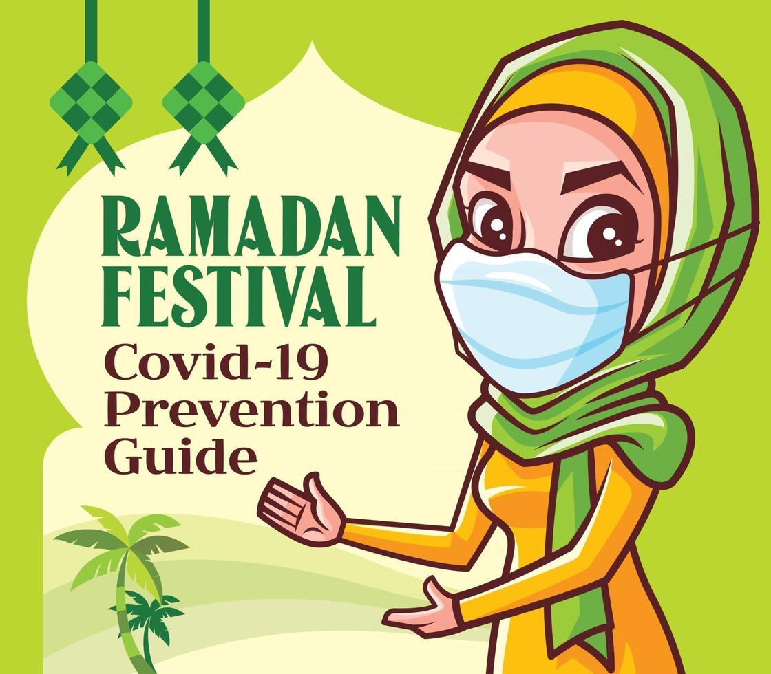 Muslim woman wearing face mask advise public to follow pandemic guidelines to prevent against virus during ramadan bazaar vector