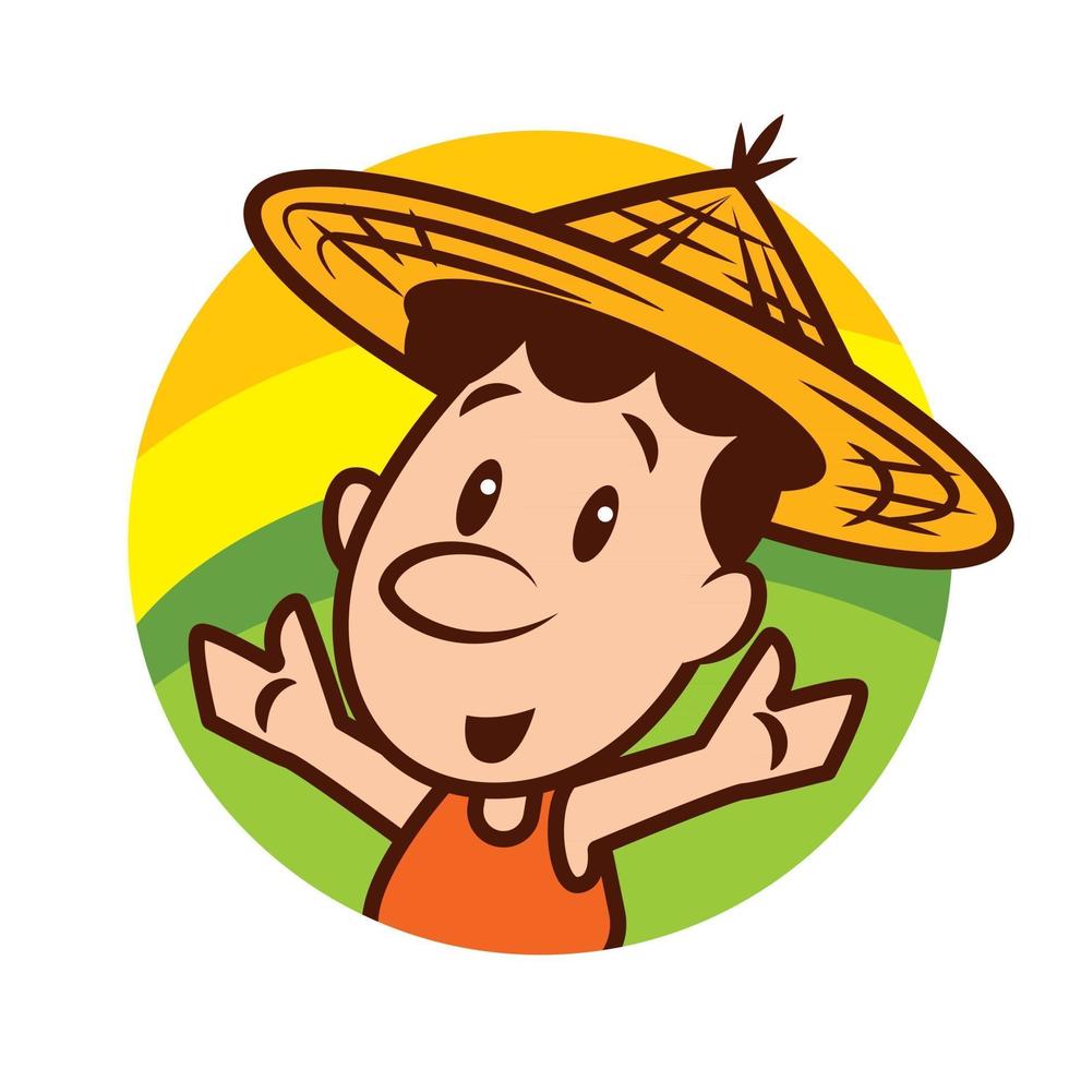 Cartoon cute farmer character wearing farmer straw hat with welcome hands on nature field scene vector