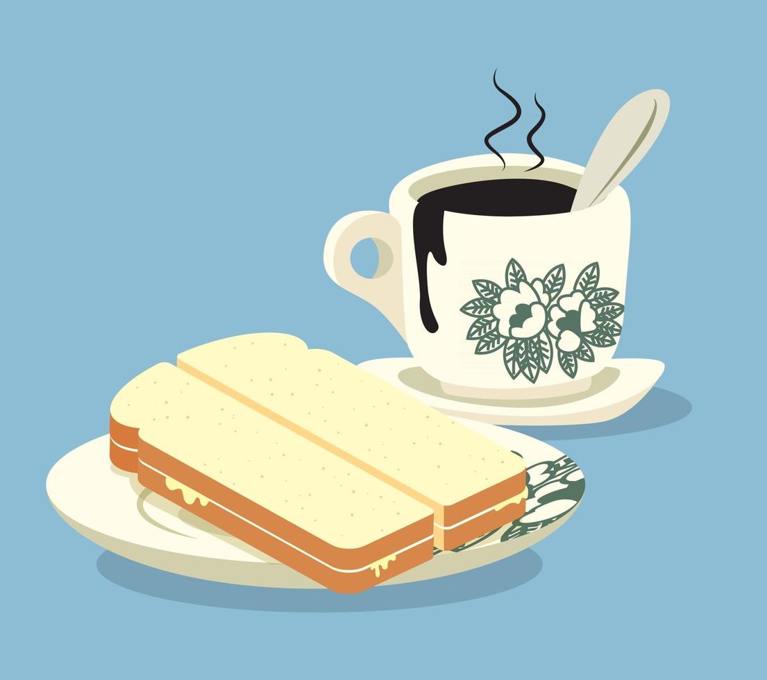 Desayuno tradicional nanyang con pan horneado y taza de café clásica nanyang vector