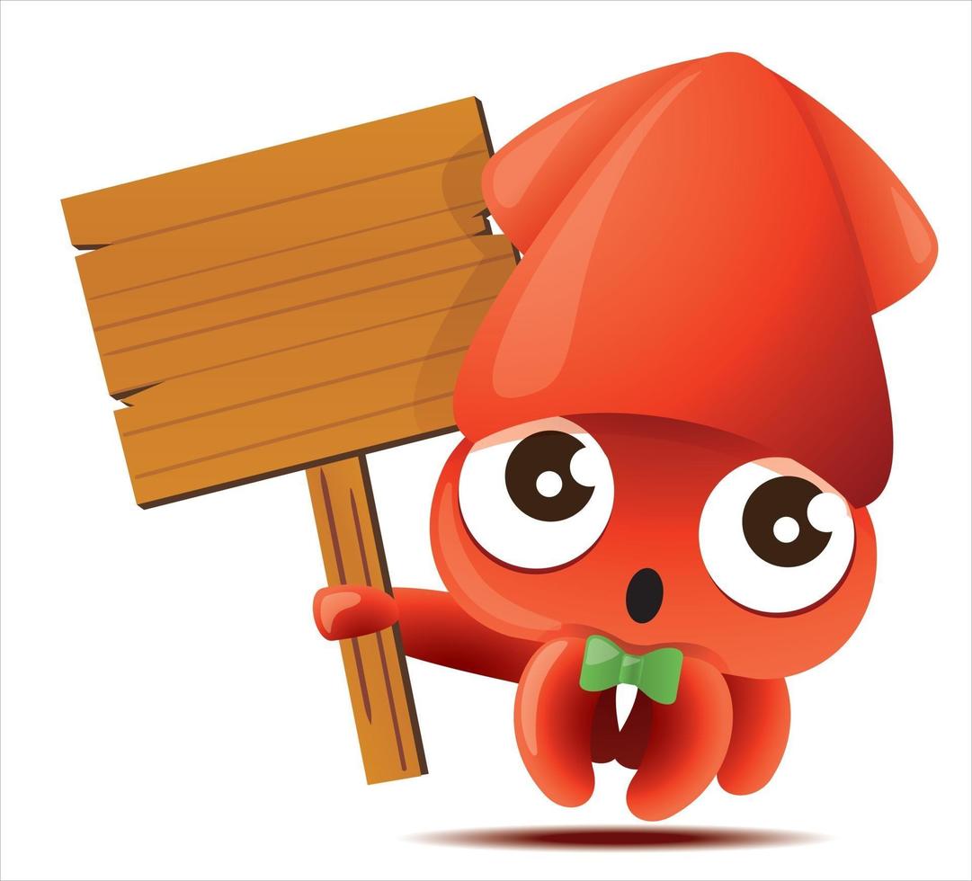 Cartoon cute squid with bowtie holding wooden empty signboard vector