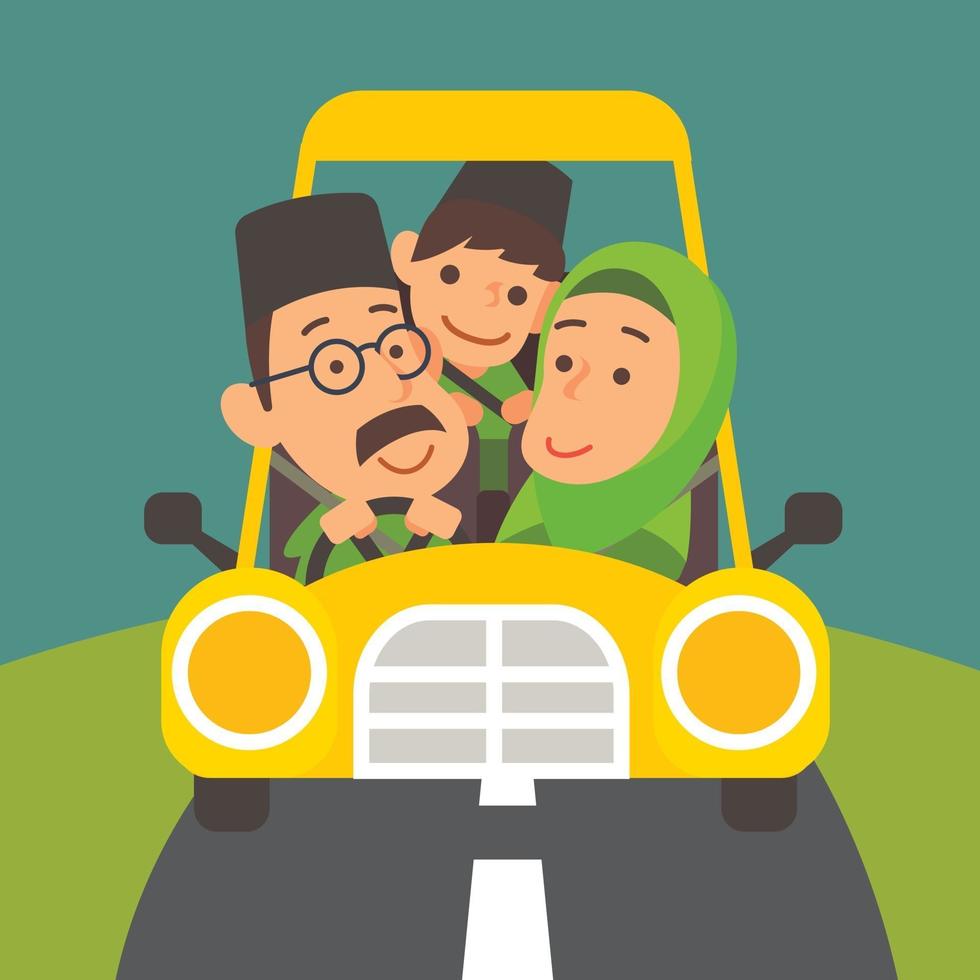 Muslim father driving on the road with family together vector