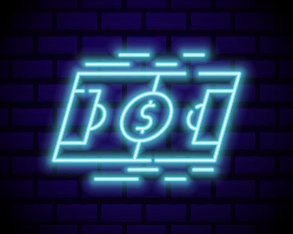 Online betting neon sign. Sports betting. Online betting logo, neon symbol, light banner, bright night advertising, gambling, casino. Vector isolated on brick wall