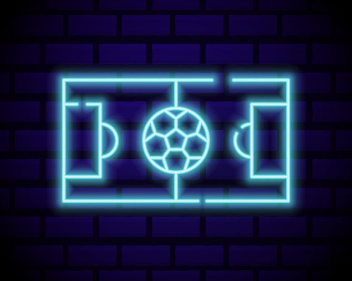 Live Soccer Neon Sign Vector. Live Football Logo neon, design template emblem, online soccer symbol, light banner, bright night football advertising, european football sign. Vector illustration isolated on brick wall.