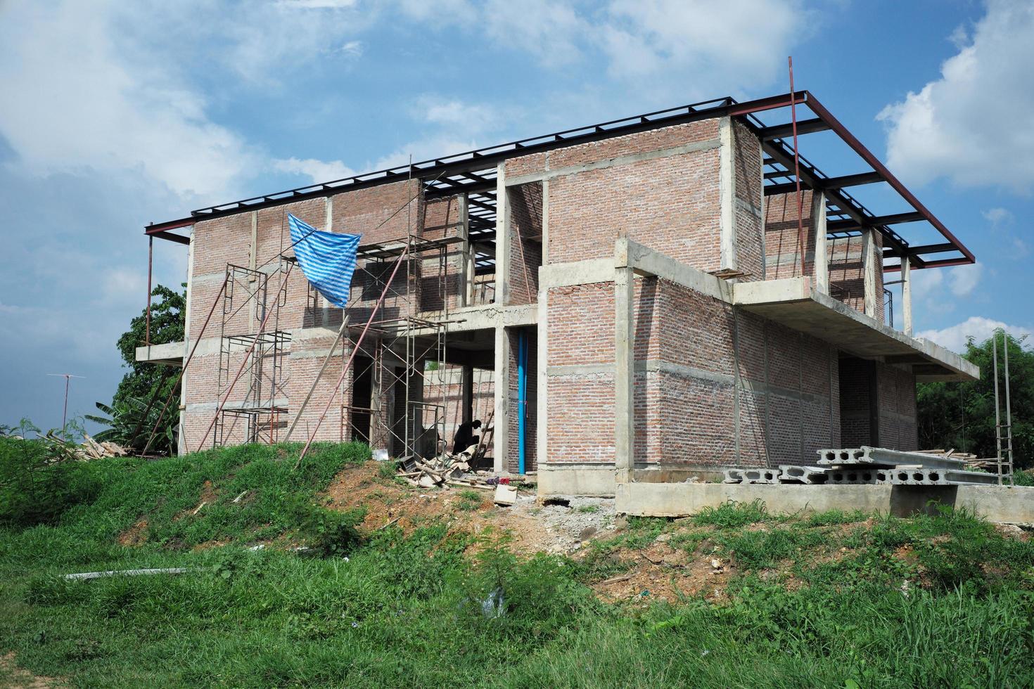 Perspective house under construction with clear blue sky background photo
