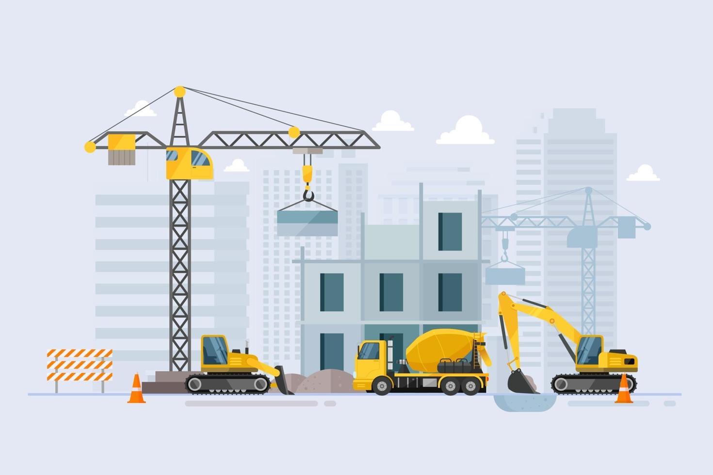Under construction Building work process with construction machines vector