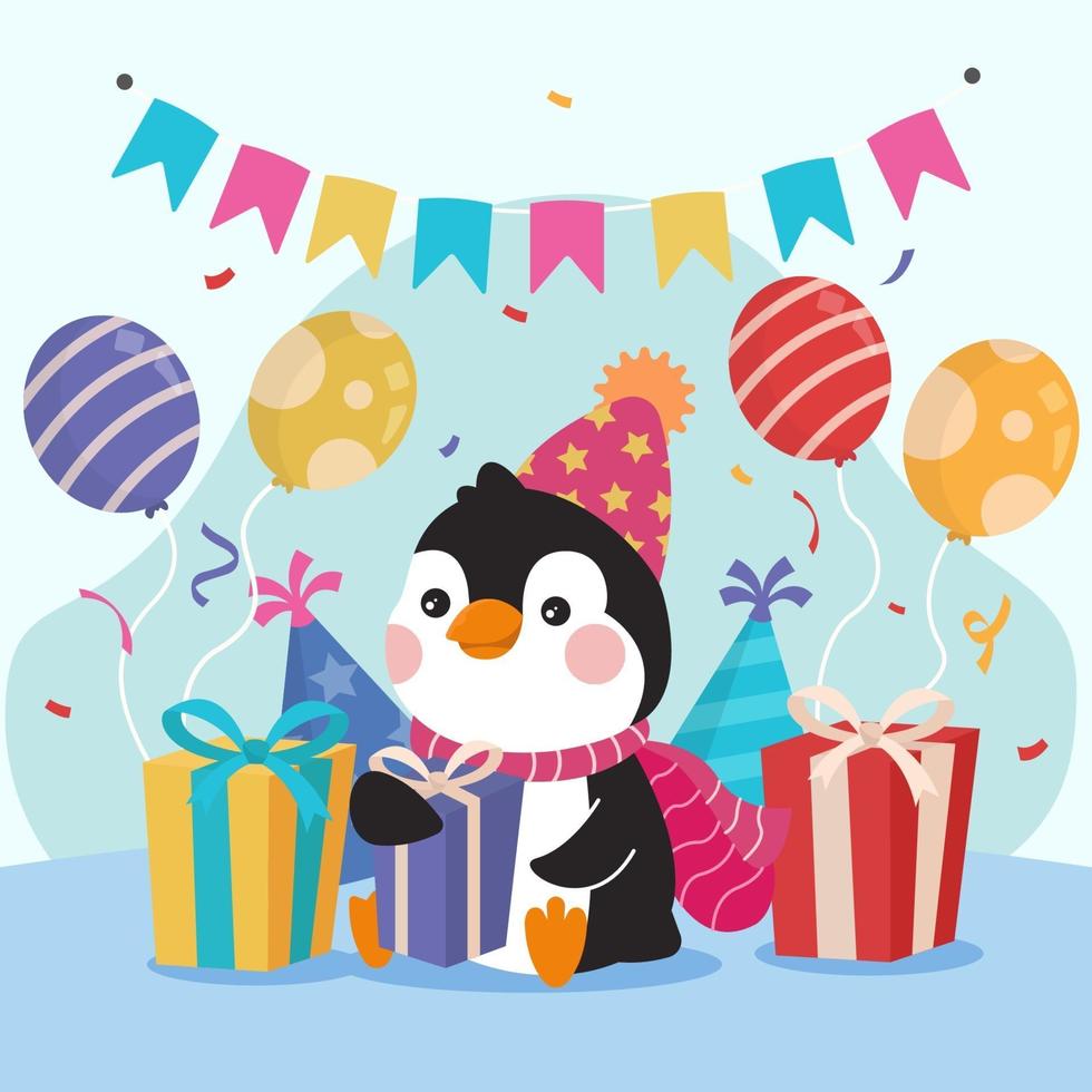 pingüino con fiesta de cumpleaños vector