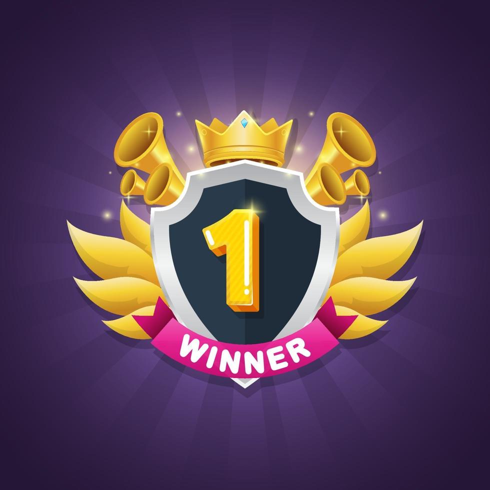 diseño de la insignia del ganador del juego con corona brillante y premio estrella vector