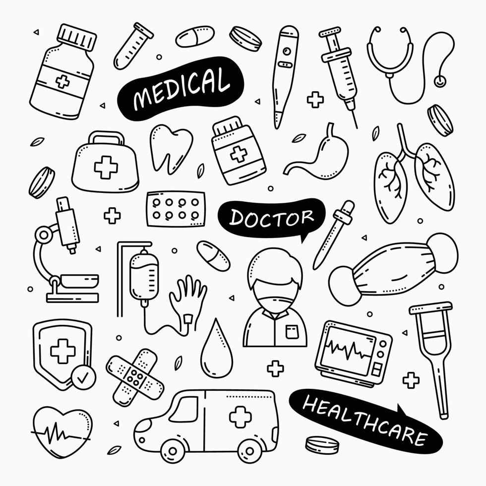 Medical and healthcare doodles hand drawn icon set vector