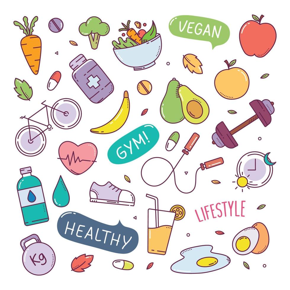 Healthy lifestyle cute doodle hand drawn elements vector illustration