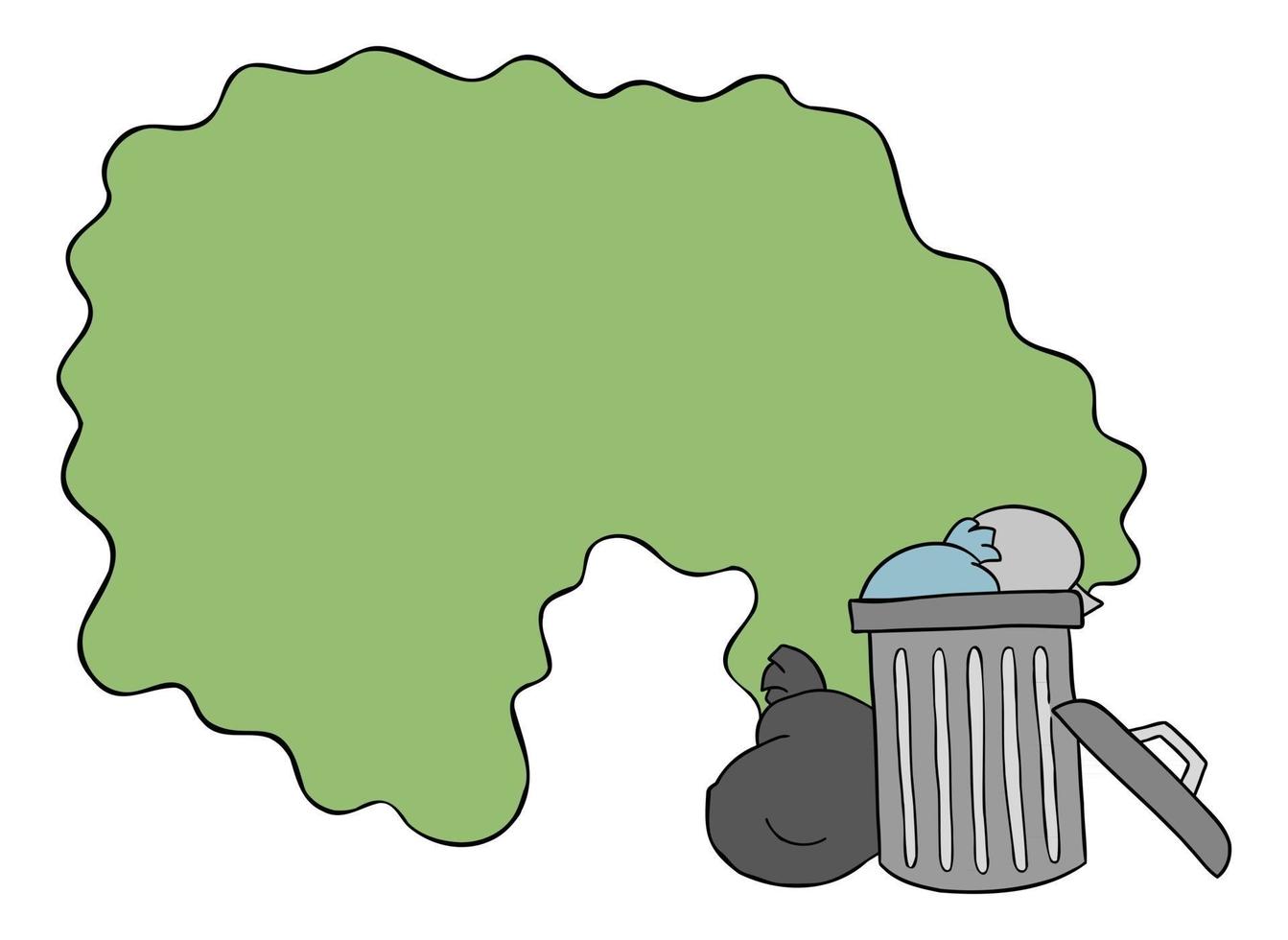 Ilustración de vector de dibujos animados de cubo de basura en la calle y el desagradable olor a basura