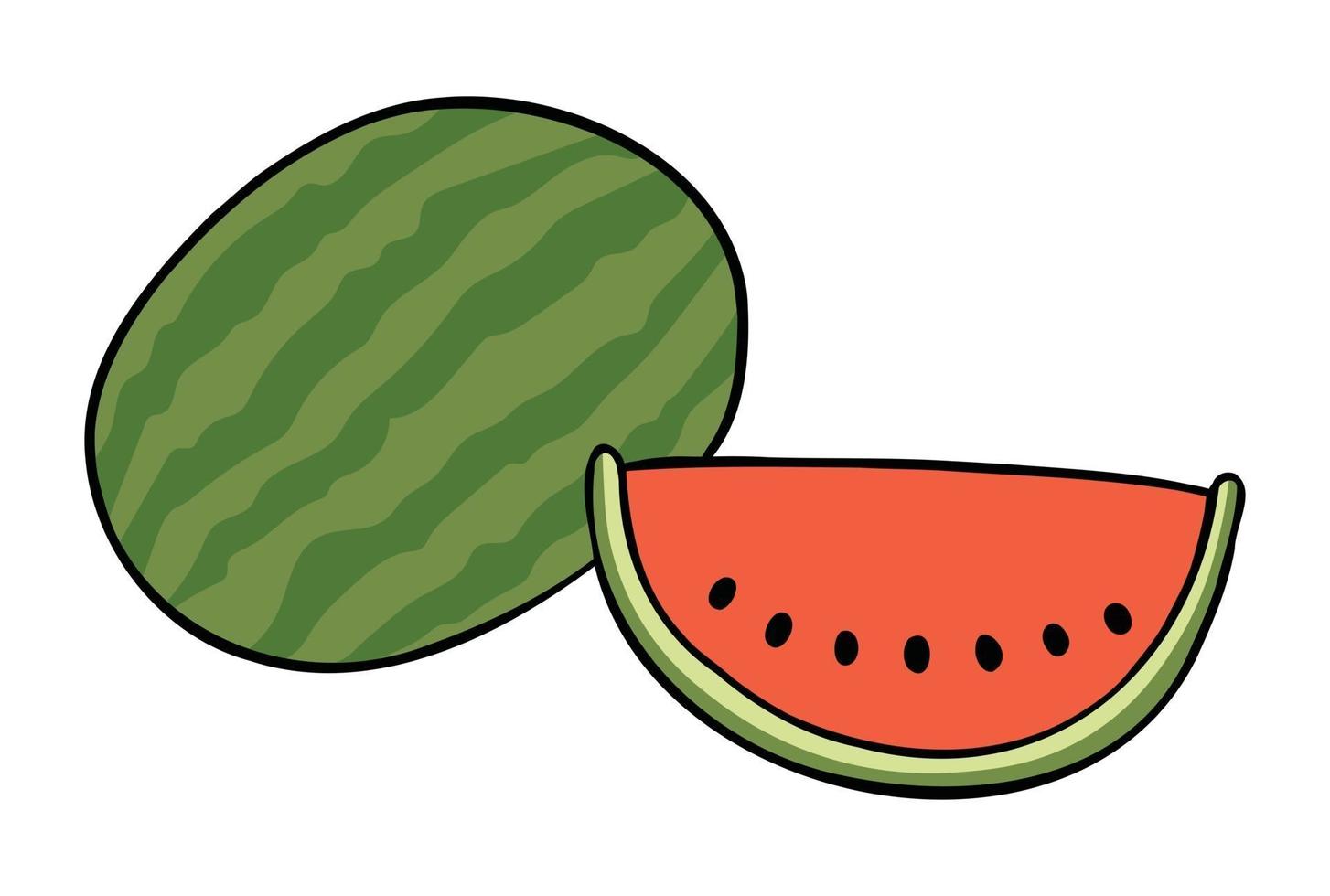 Cartoon Vector Illustration of Whole Watermelon and Watermelon Slice