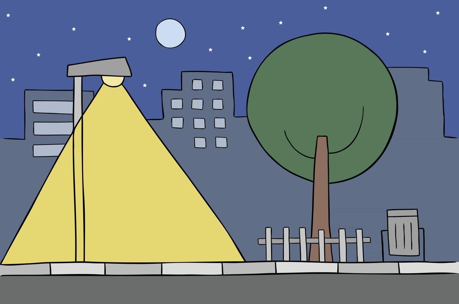 Cartoon Vector Illustration of City Scene at Night Street Lamp Tree Buildings Stars and Full Moon