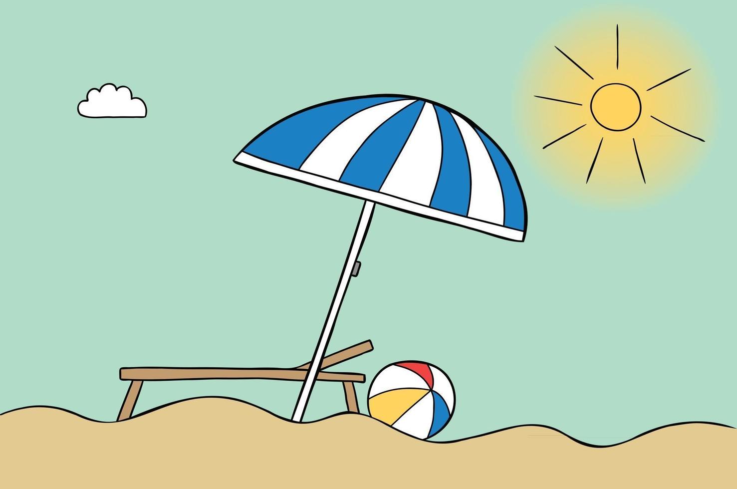 Ilustración de vector de dibujos animados de sombrilla de playa playa clima soleado tumbona y bola de mar