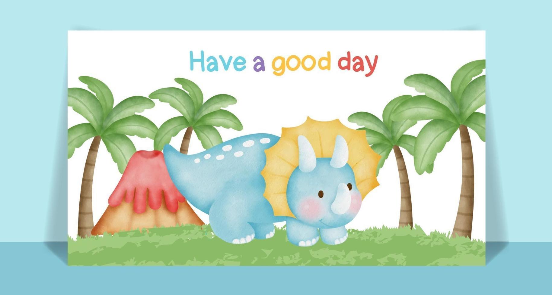 Watercolor cute Dinosaur cartoon post card vector