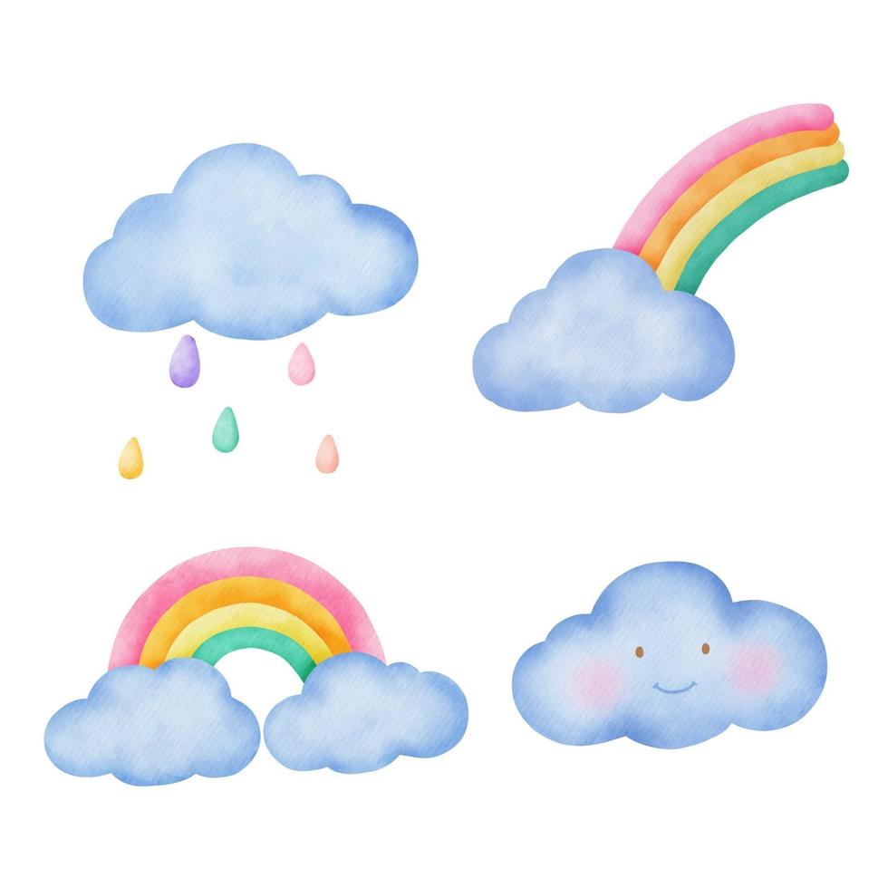 Watercolor cute cloud and rainbow set vector