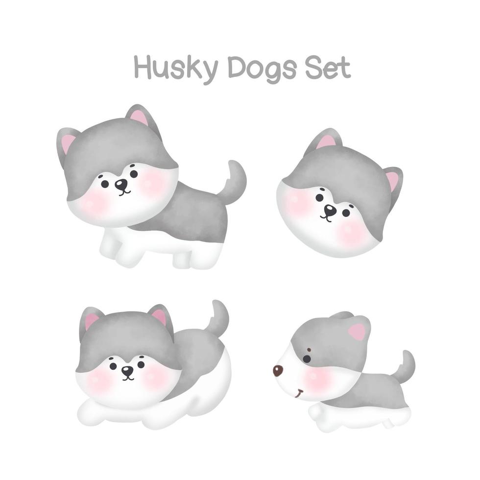 Watercolor husky dogs set vector