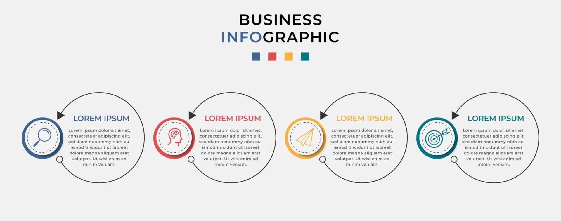 Línea de tiempo mínima de plantilla de infografías de negocios con opciones de 4 pasos e íconos de marketing vector