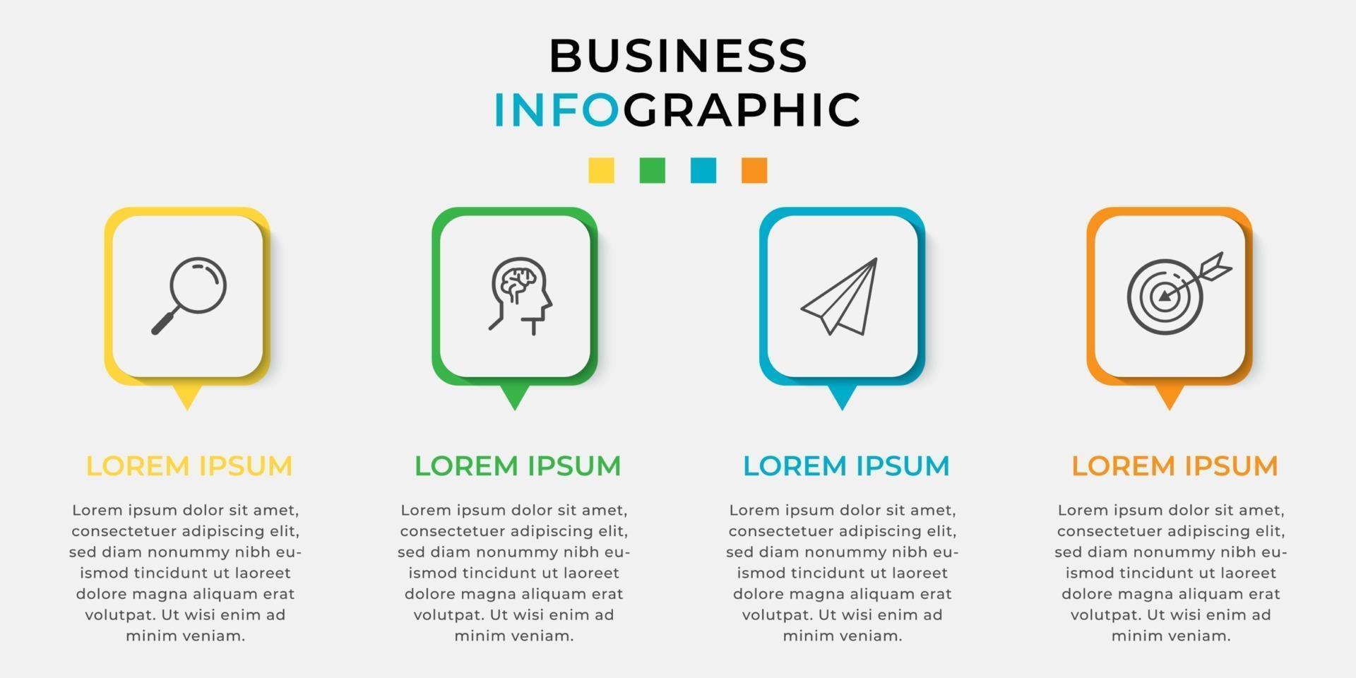 Línea de tiempo mínima de plantilla de infografías de negocios con opciones de 4 pasos e íconos de marketing vector