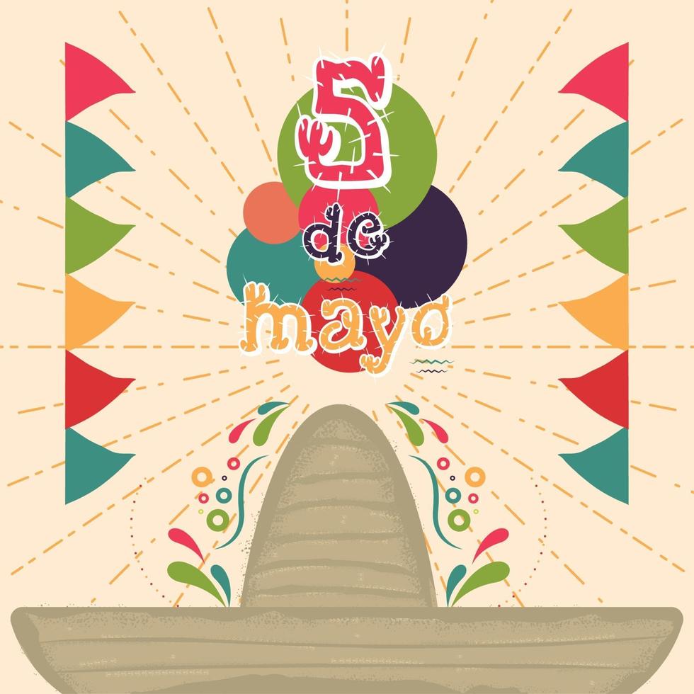 cinco de mayo poster with traditional mexican hat and pennats vector
