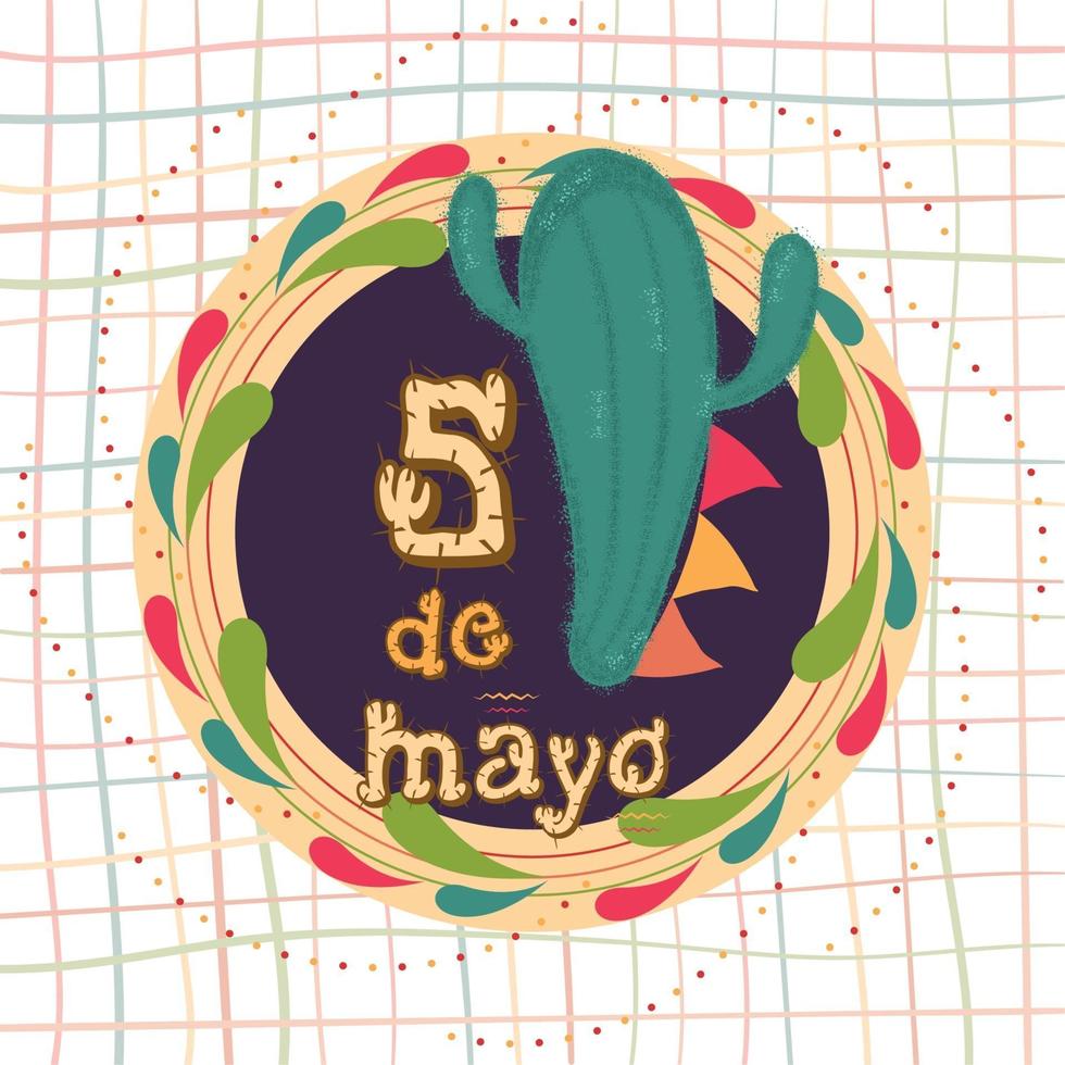 cartel del cinco de mayo letras alegóricas y cactus vector