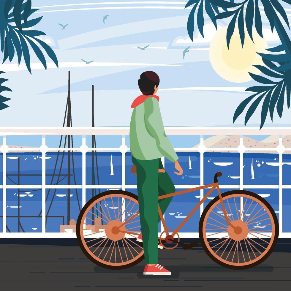Hombre con bicicleta vista al mar en concepto de puerto vector
