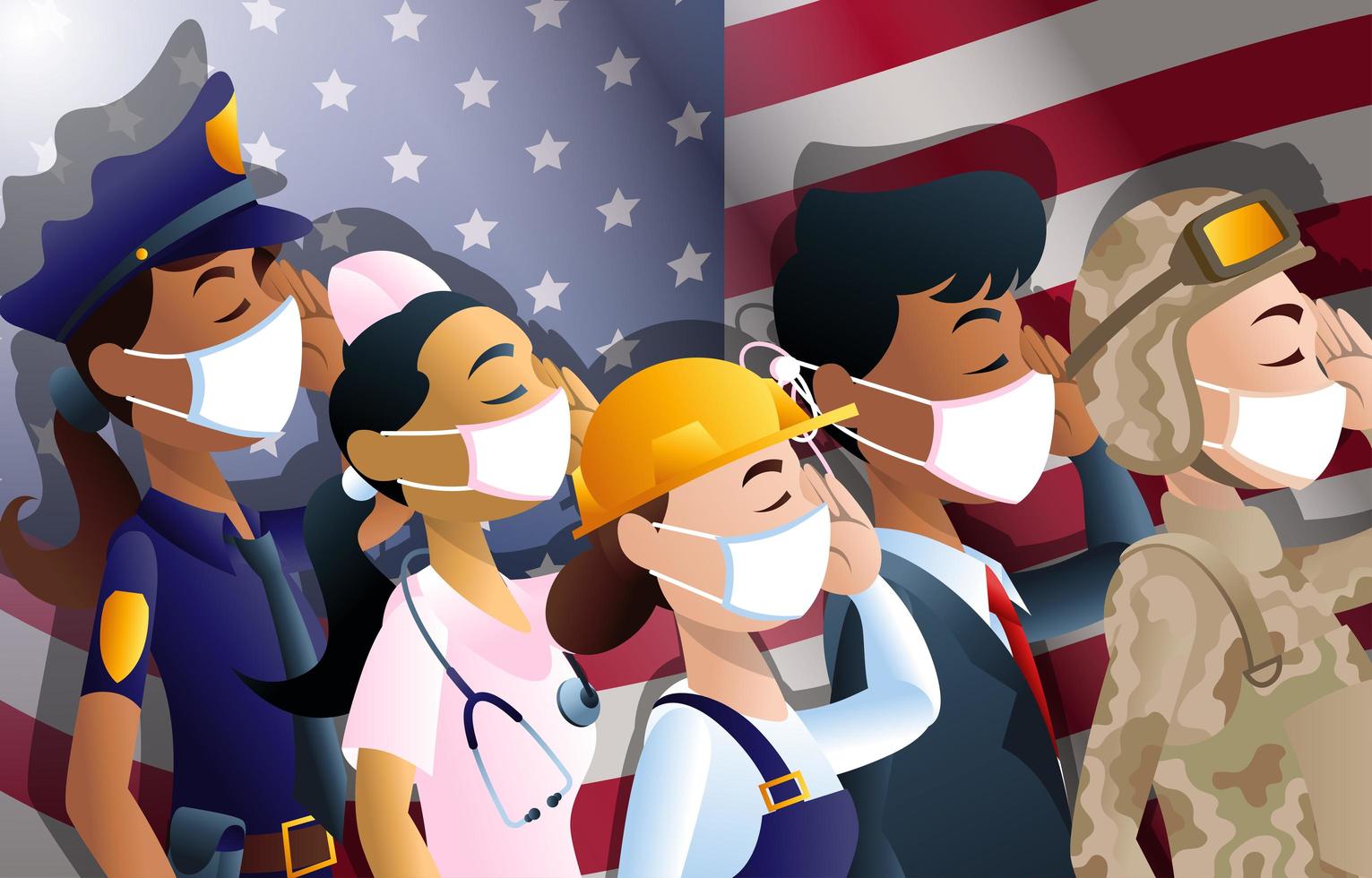 4 de julio pueblo estadounidense con máscaras y bandera. vector