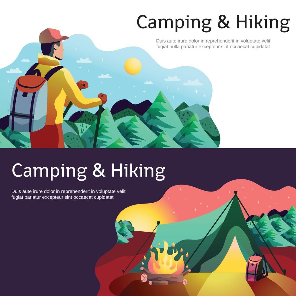 Senderismo camping banners horizontales ilustración vectorial vector