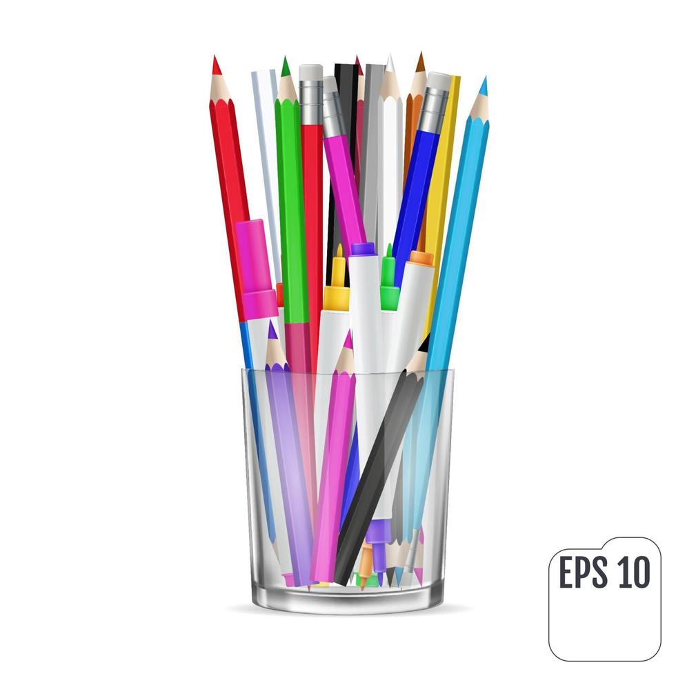 Colored pencils and felttip pencils in a glass vector