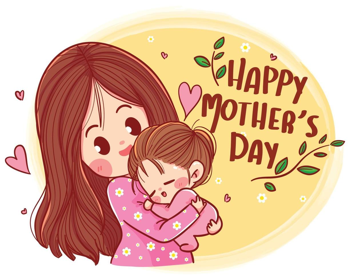 Happy mothers day beautiful mother and daughter character Hand drawn cartoon art illustration vector