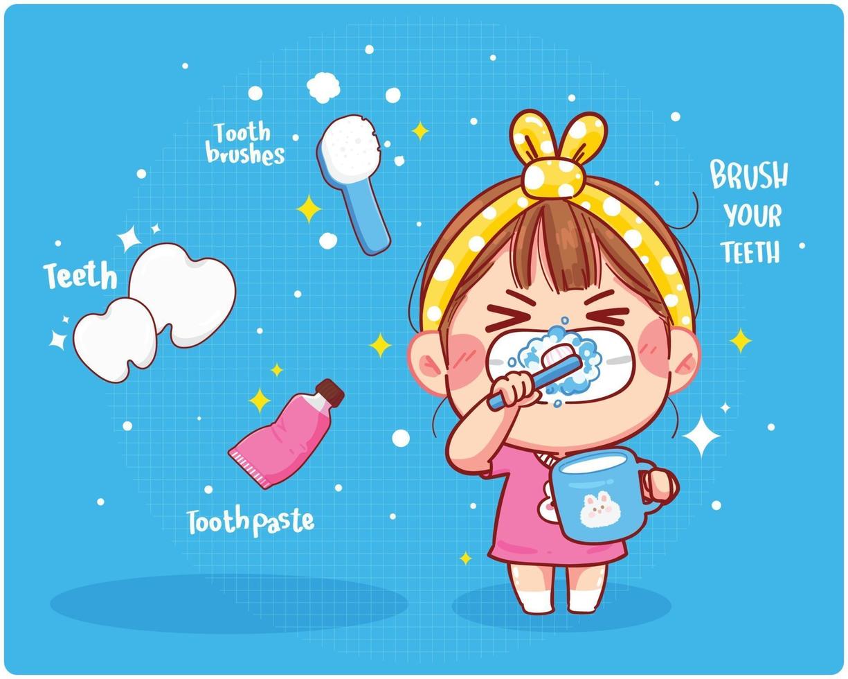 Cute girl brush clean teeth Brush your teeth cartoon art illustration vector