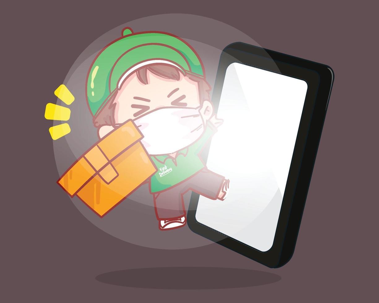 Delivery man parcel handover to customer Online Delivery Service Smartphone with Mobile App logo cartoon art illustration vector