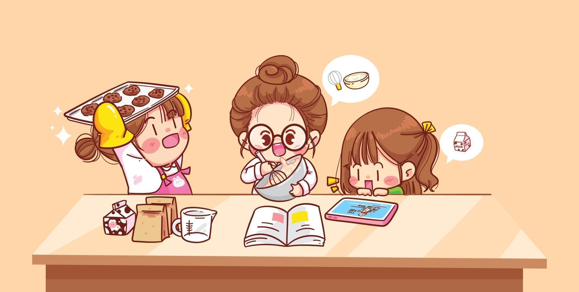 Cute girl watching online cooking class in her kitchen leaning on table online training Homemade cooking and reading a book cooking at home cartoon art illustration vector