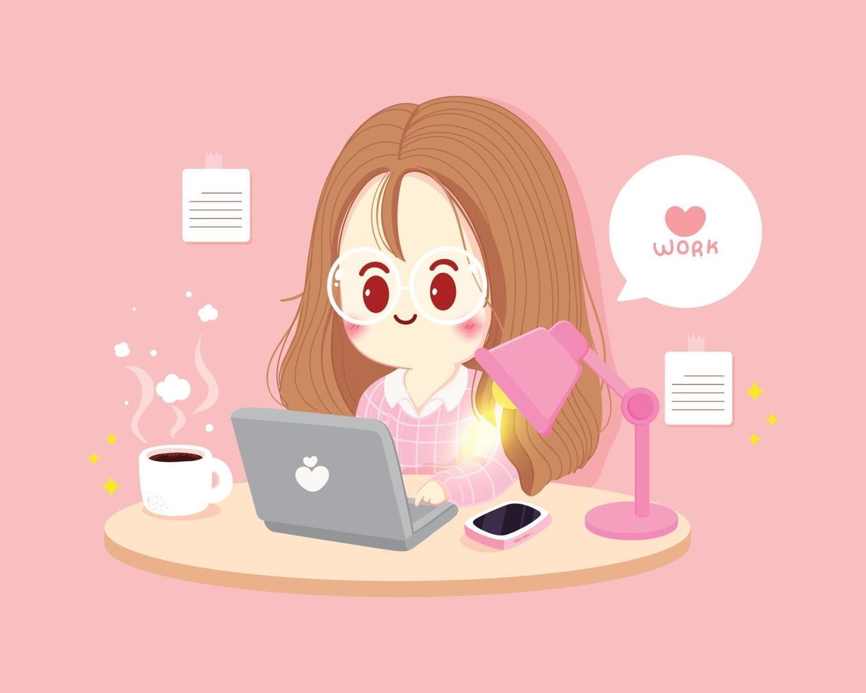 Woman Working at home working on laptop cartoon art illustration vector