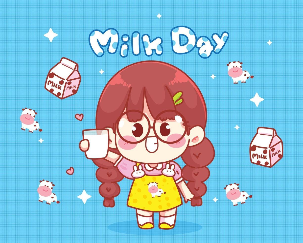 Cute girl smiling holding glass of milk in hand cartoon art illustration vector