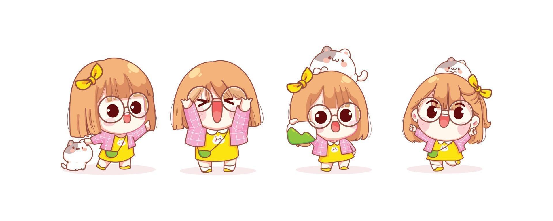 Cute girl in different gestures cartoon illustration vector