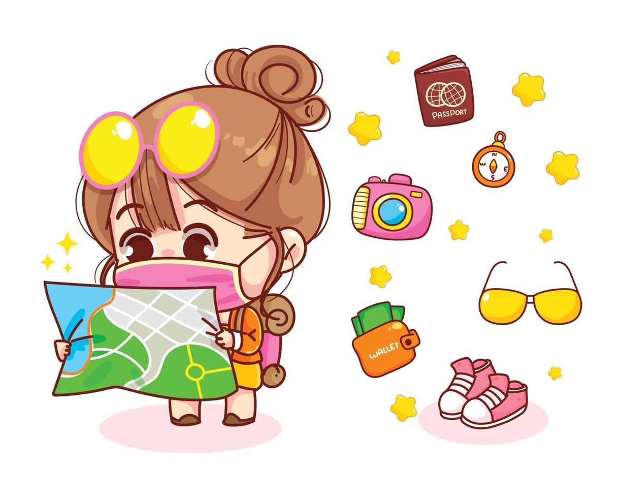 Cute girl with backpack looking at map cartoon illustration vector