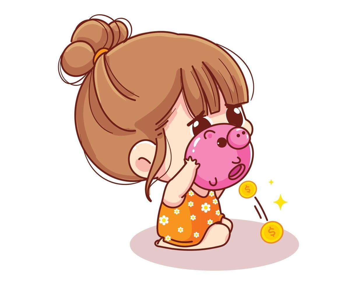 Cute girl shaking piggy bank full of money kids savings and finance cartoon illustration vector