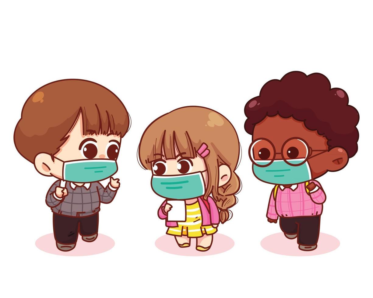 Cute children back to school with medical masks cartoon illustration vector