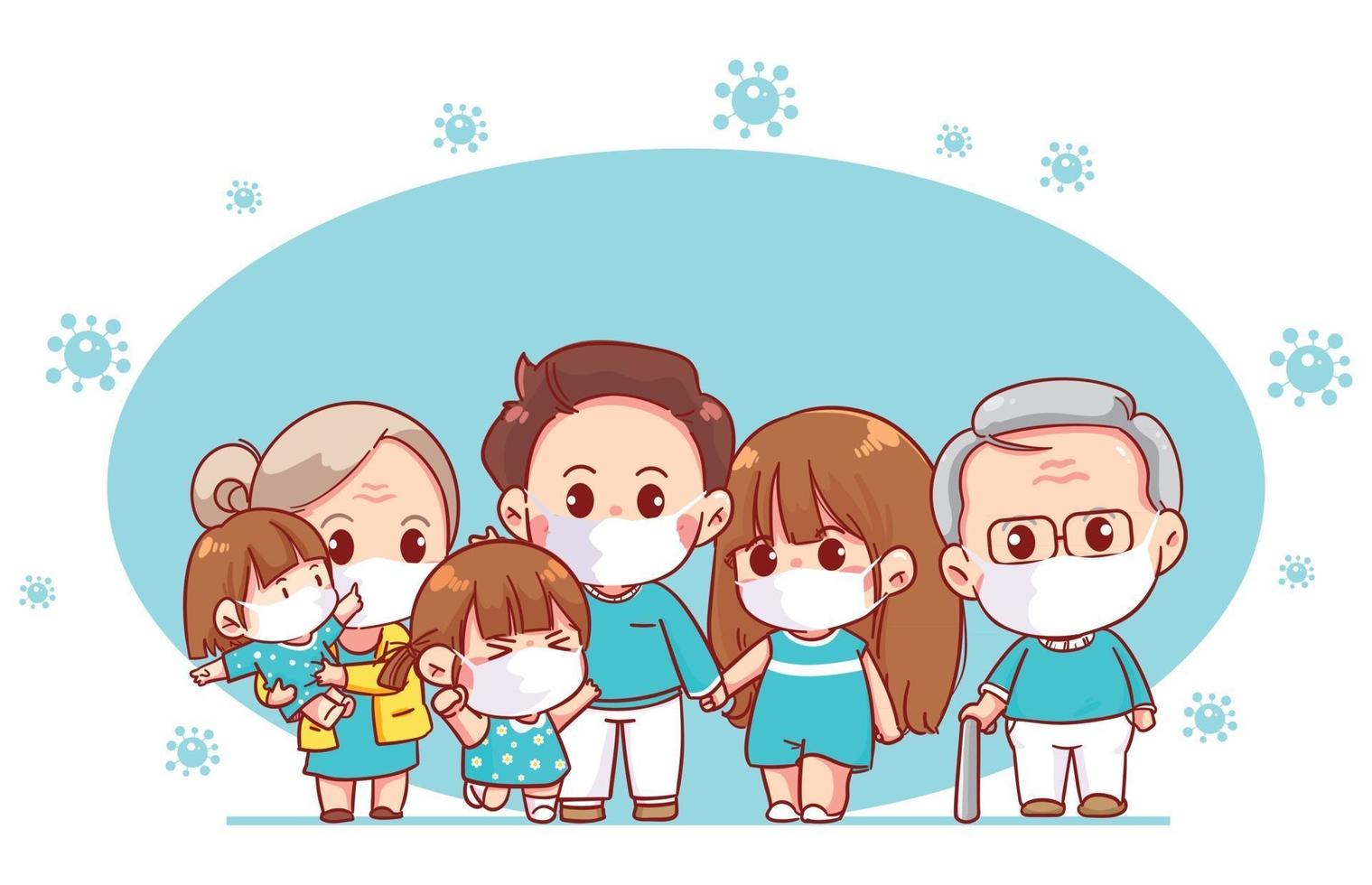 Happy family wearing protective medical mask to prevent virus cartoon art illustration vector