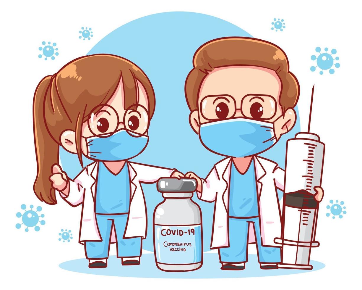 Doctor and coronavirus vaccine injection syringe cartoon art illustration vector