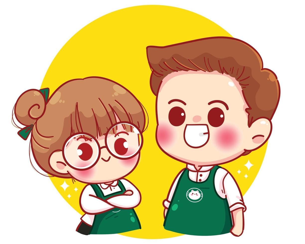 Cute Baristas in aprons standing with arms crossed cartoon character illustration vector