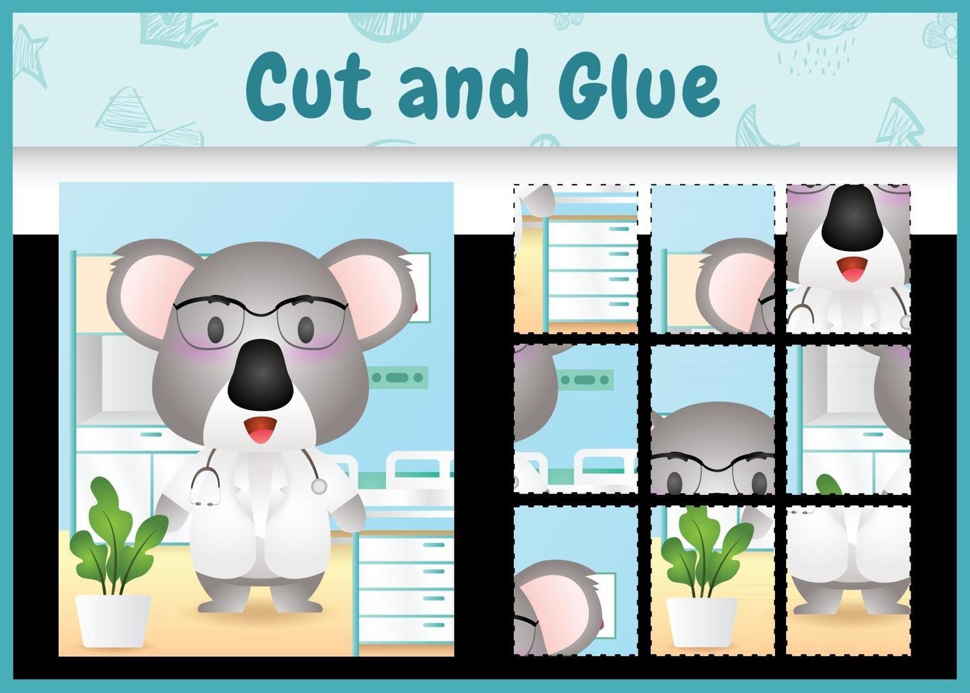 Children board game cut and glue with a cute koala doctor character illustration vector