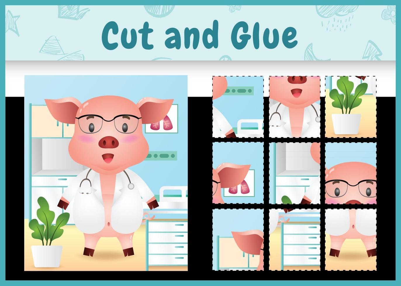 Children board game cut and glue with a cute pig doctor character illustration vector