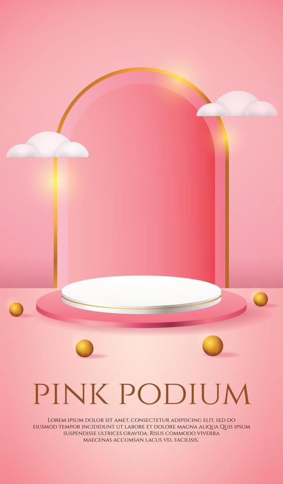 social media instagram story banner with 3d product display pink podium and white clouds vector