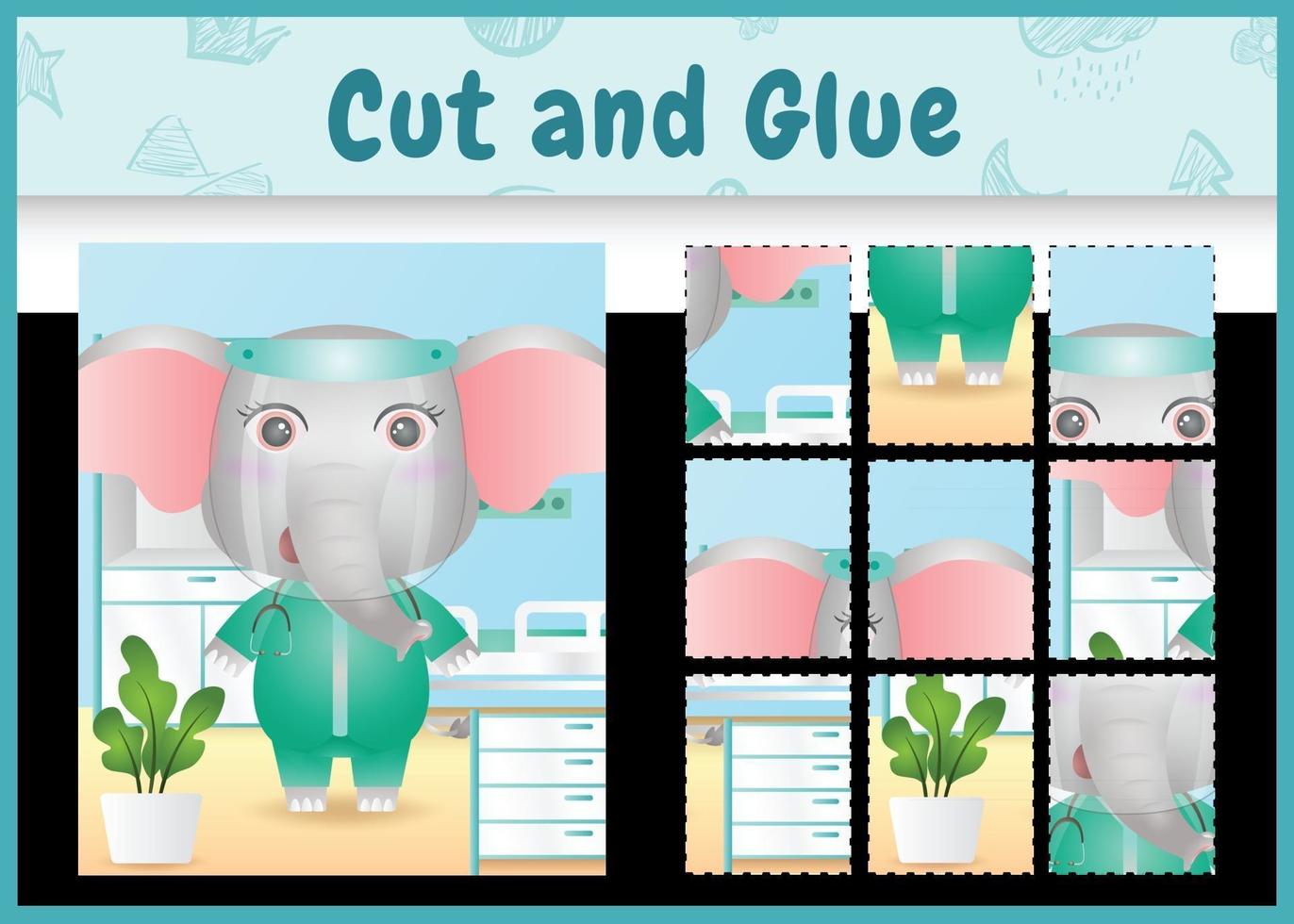 Children board game cut and glue with a cute elephant using costume medical team vector