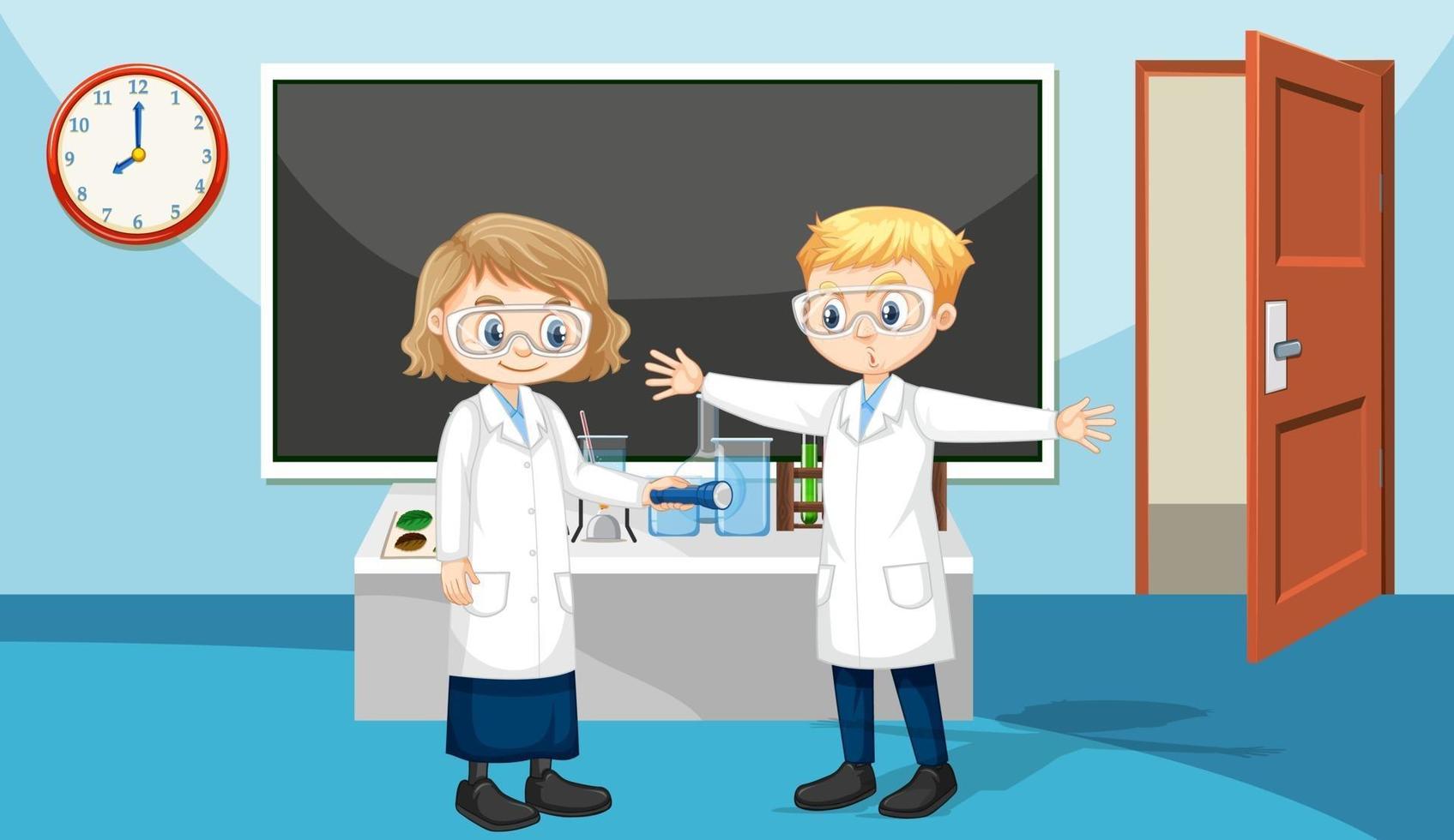 Classroom scene with students wearing laboratory gown vector