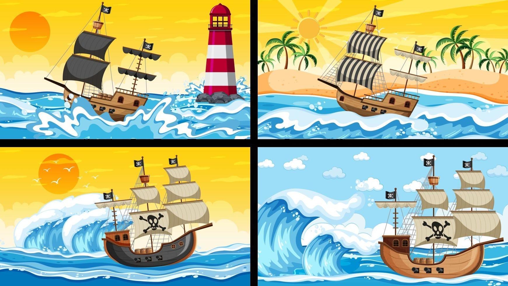 Set of Ocean with Pirate ship at different times scenes  in cartoon style vector