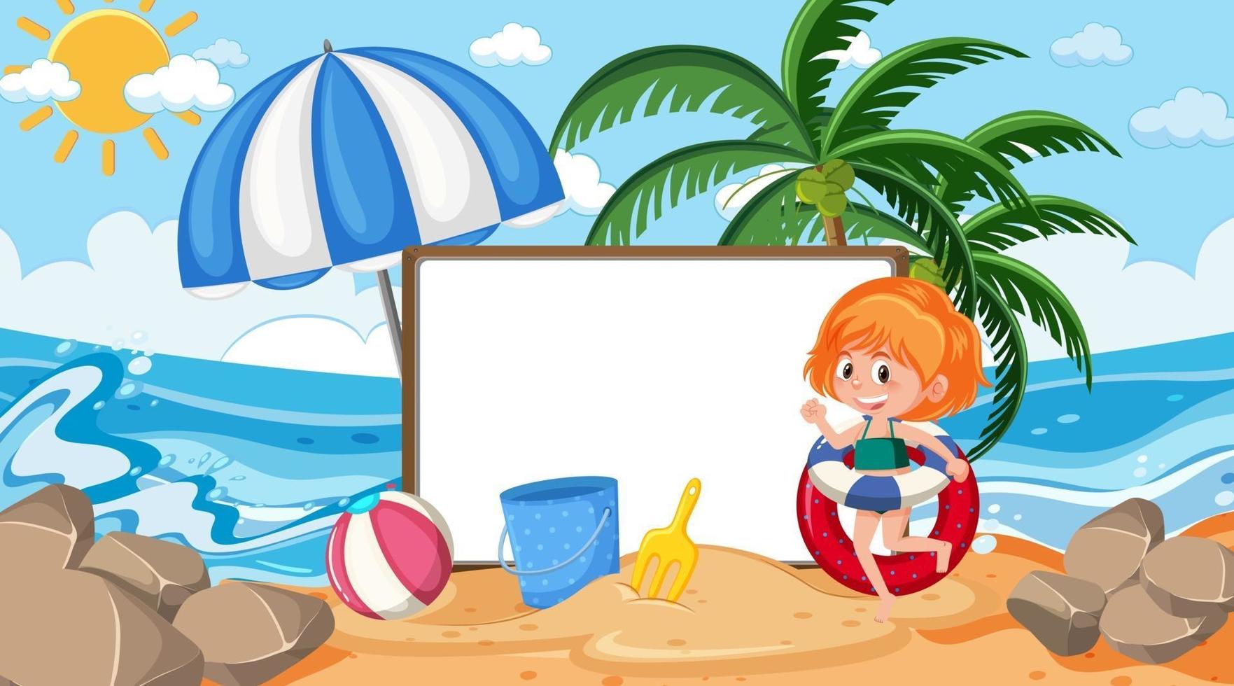 Plantilla de banner vacío con niños de vacaciones en la escena diurna de la playa vector