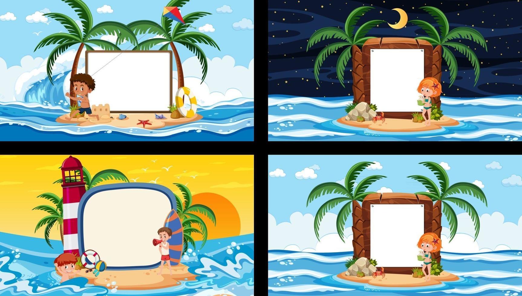 Set of different tropical beach scenes with blank banner vector